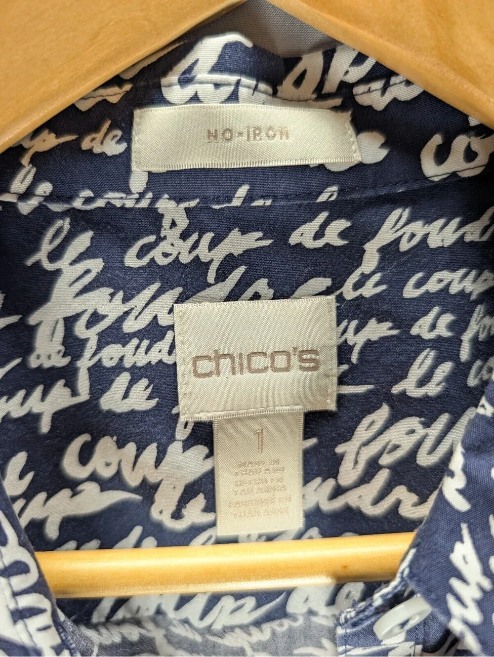 Chico's Button-Up Shirt in Navy with White Script Print 1 - Picture 5 of 5